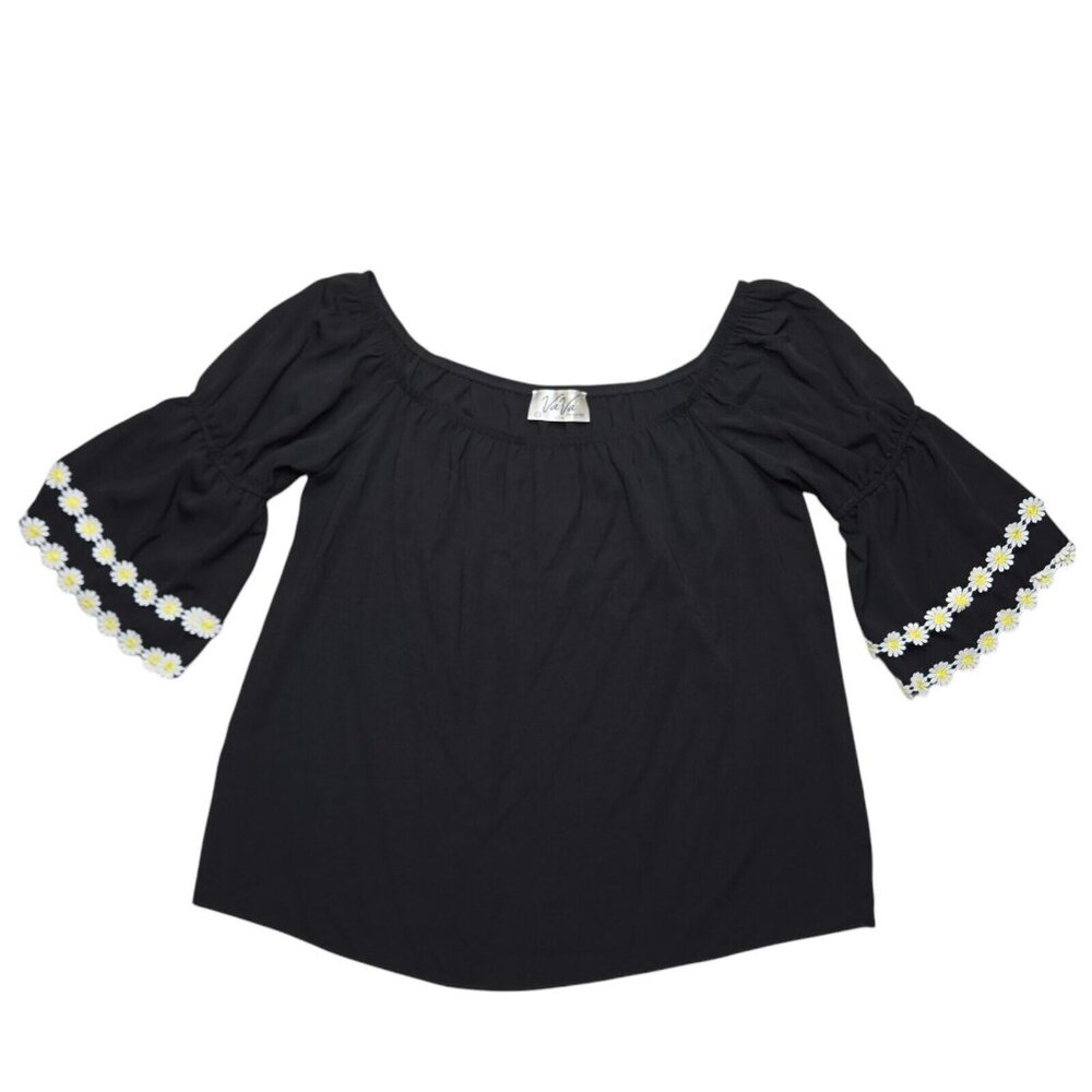 Vintage VaVa Top Womens Large Black Joy Han Floral Daisey Bell Sleeve Blouse